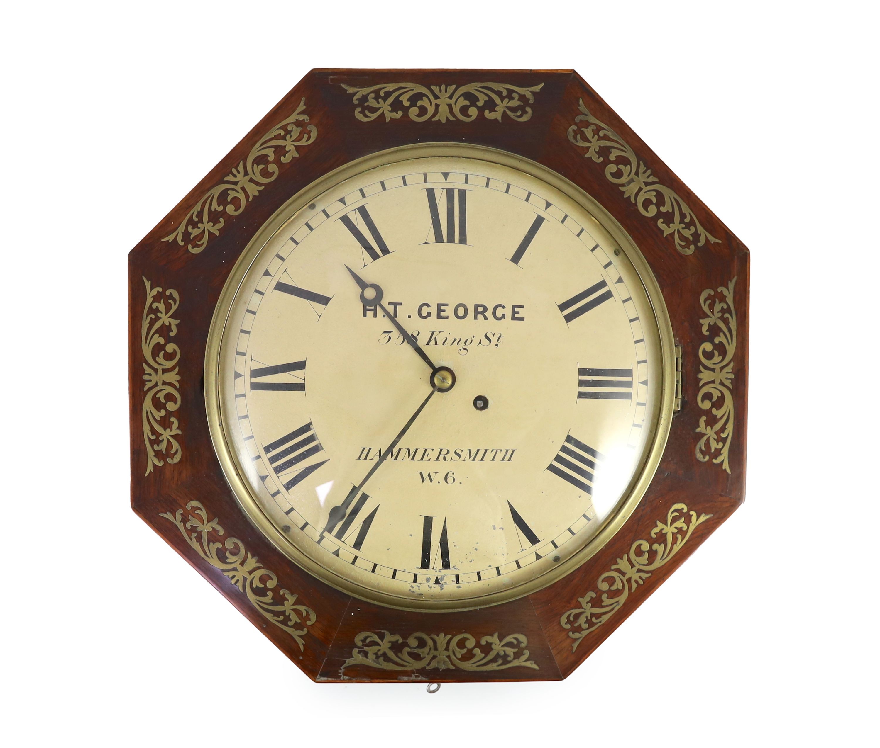 H.T. George, 358 King St, Hammersmith. A William IV octagonal rosewood dial clock 43cm.